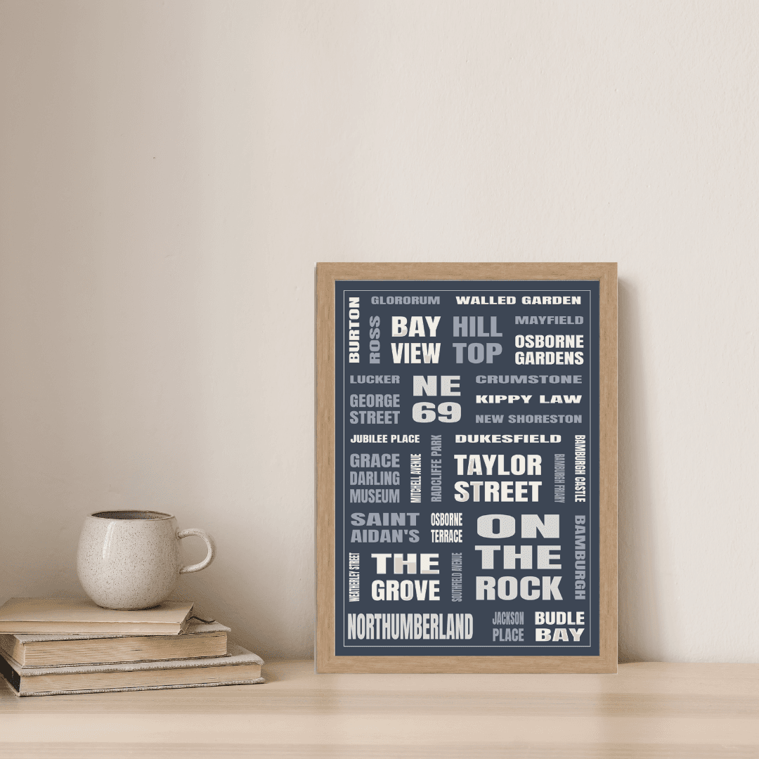 Bamburgh (NE69) print styled on a shelf