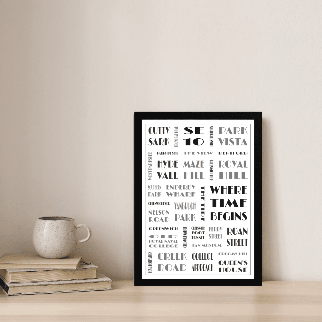 Greenwich (SE10) print styled on a shelf