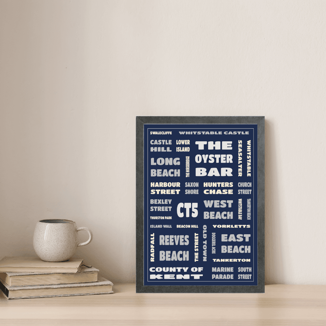 Whitstable (CT5) print styled on a shelf