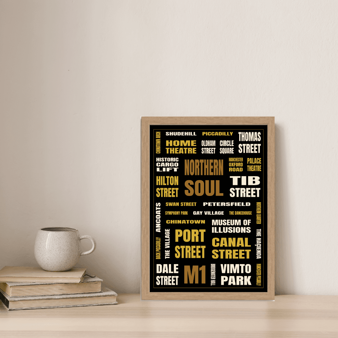 Manchester (M1) print styled on a shelf