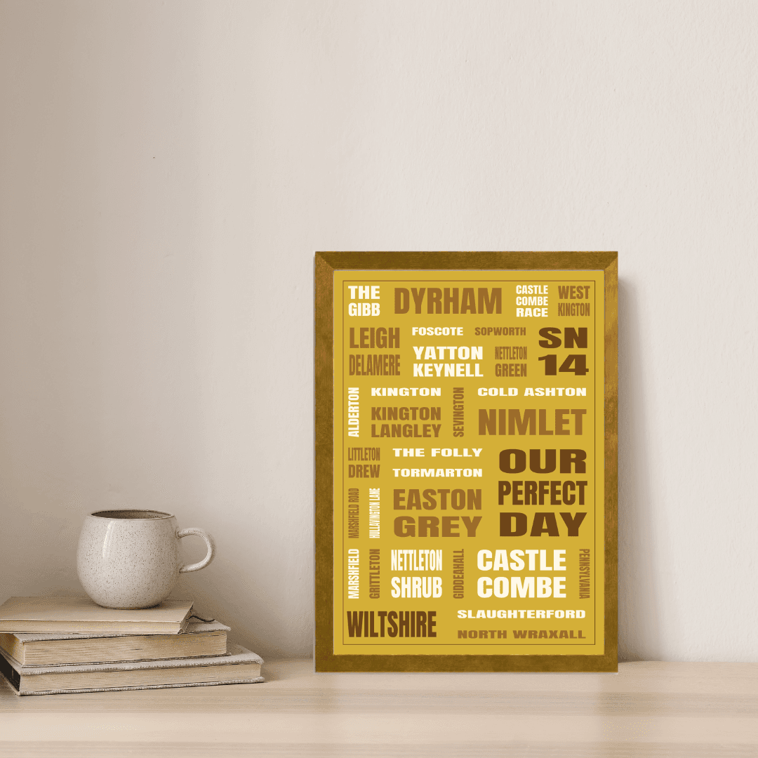 Castle Combe (SN14) print styled on a shelf