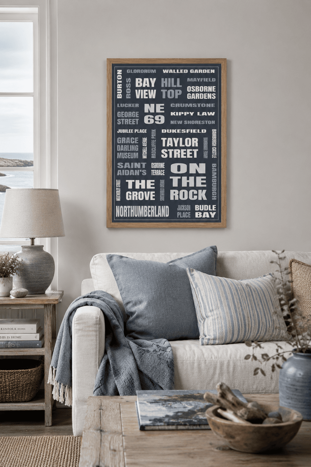 Bamburgh (NE69) framed print in a room scene